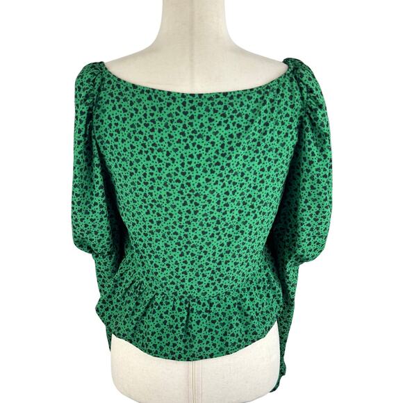TOPSHOP HEART PRINT PUFF SLEEVE BLOUSE IN GREEN NWOT WOMEN'S SIZE 8 - Picture 3 of 13